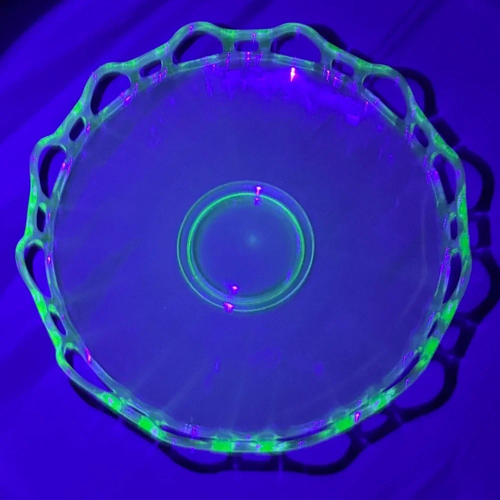 Vintage Green Uranium Glass Bowl Open Lace Edge Depression Glass Glows UV 11.5in